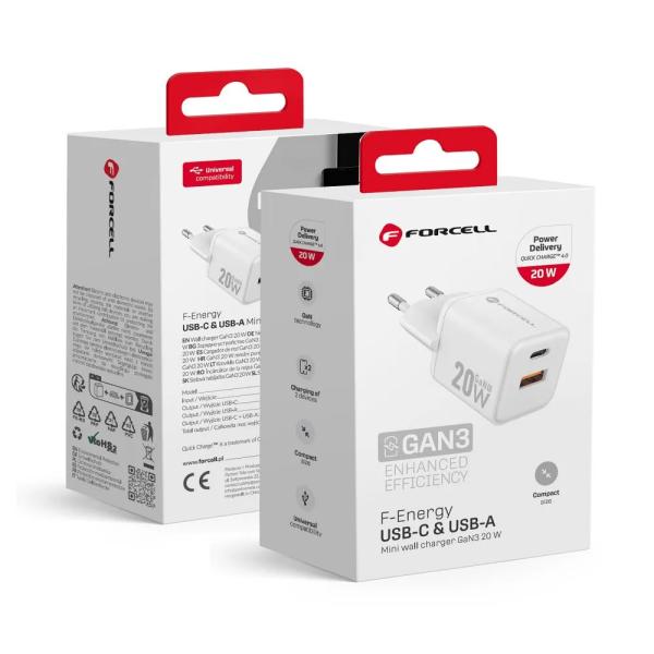 Forcell F-Energy Mini GaN III 20W USB-C + USB-A polnilnik – bel (VT-35A)