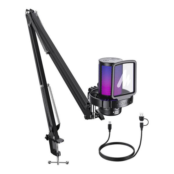 Maono DGM20 S GamerWave – USB kondenzatorski gaming mikrofon z RGB osvetlitvijo, ENC utišanjem, no-latency monitoringom in nastavljivim gainom – črn