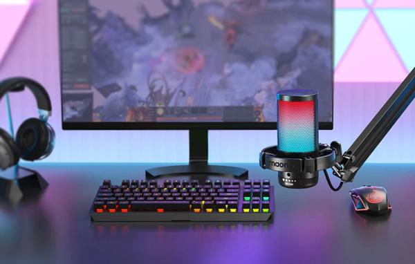 Maono DGM20 S GamerWave – USB kondenzatorski gaming mikrofon z RGB osvetlitvijo, ENC utišanjem, no-latency monitoringom in nastavljivim gainom – črn