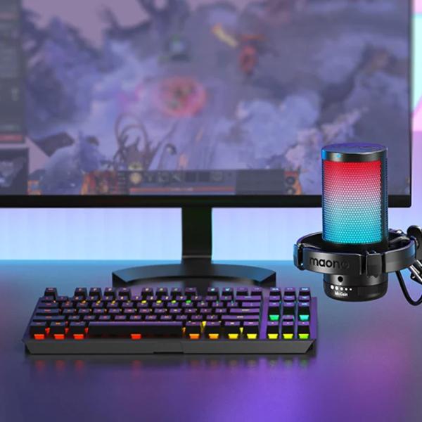Maono DGM20 S GamerWave – USB kondenzatorski gaming mikrofon z RGB osvetlitvijo, ENC utišanjem, no-latency monitoringom in nastavljivim gainom – črn