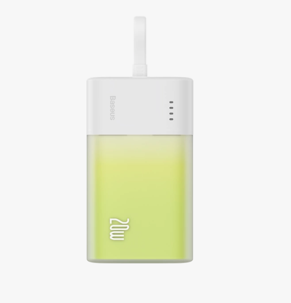 Powerbank BASEUS 5200 mAh z vgrajenim kablom Lightning + USB‑C kabel – Bela‑Zelena