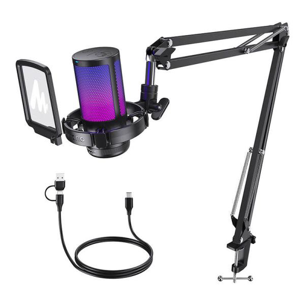Maono DGM20 S GamerWave – USB kondenzatorski gaming mikrofon z RGB osvetlitvijo, ENC utišanjem, no-latency monitoringom in nastavljivim gainom – črn