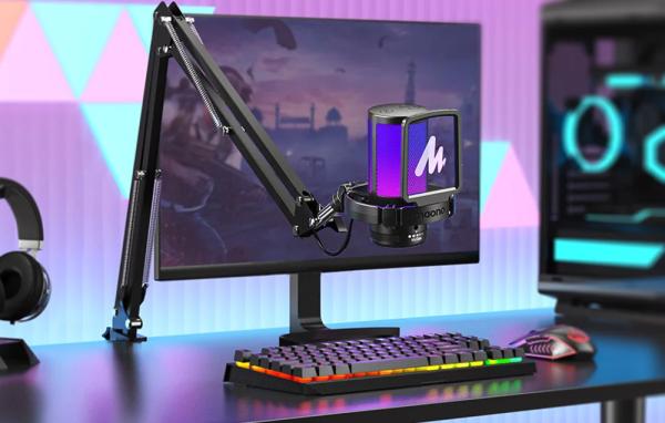 Maono DGM20 S GamerWave – USB kondenzatorski gaming mikrofon z RGB osvetlitvijo, ENC utišanjem, no-latency monitoringom in nastavljivim gainom – črn