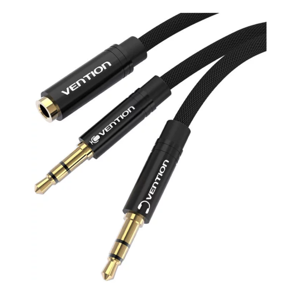 Kabel mini jack 3,5 mm (ženski) → 2× mini jack 3,5 mm (moški) – Vention BBLBAB, 0,6 m (črn)