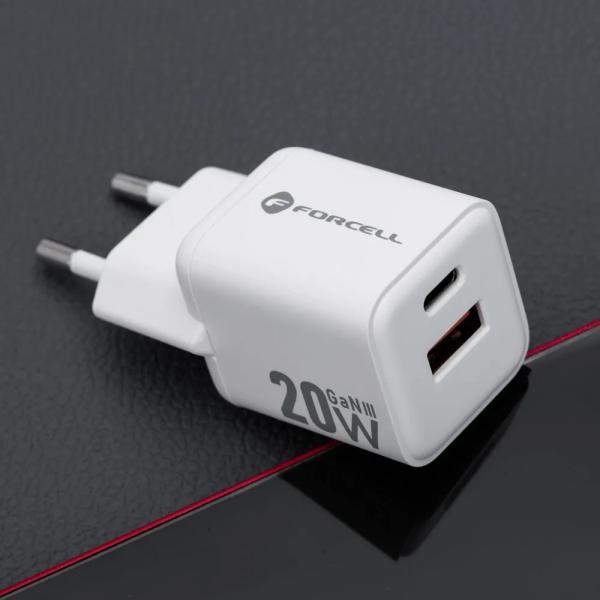 Forcell F-Energy Mini GaN III 20W USB-C + USB-A polnilnik – bel (VT-35A)