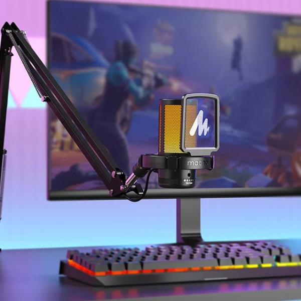 Maono DGM20 S GamerWave – USB kondenzatorski gaming mikrofon z RGB osvetlitvijo, ENC utišanjem, no-latency monitoringom in nastavljivim gainom – črn
