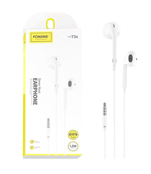 Foneng T34 žične slušalke z mikrofonom – 3,5 mm, 1,2 m, bele