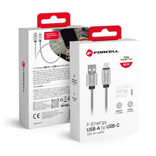 USB kabel A–C Forcell F-Energy QC4.0 3A 66W Metal 2 m (C234) – srebrn